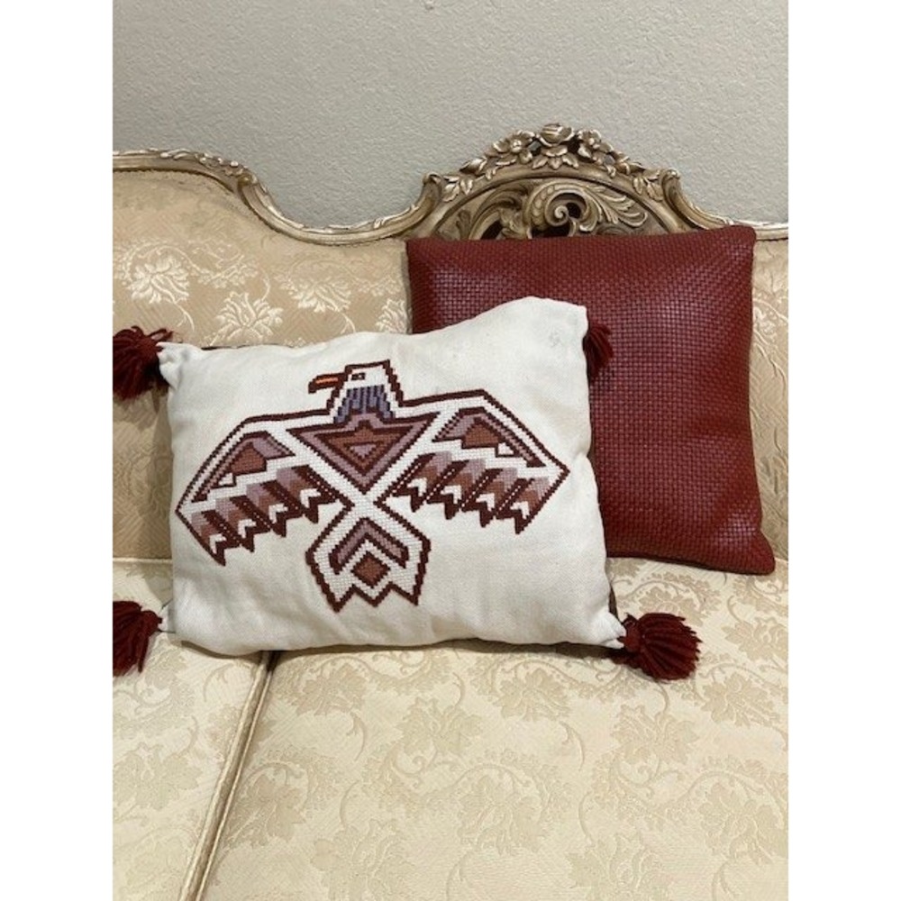 Two Southwestern Style Pillows Embroidered Thunderbird &‎ a Leather Pillow